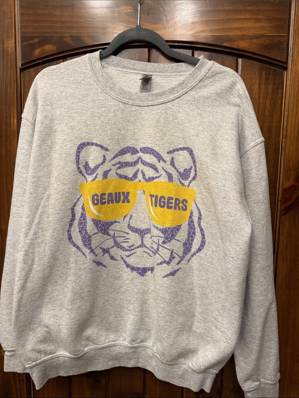 Geaux Tigers Gray Sweatshirt with Yellow Sunglasses & Purple Tiger Graphic